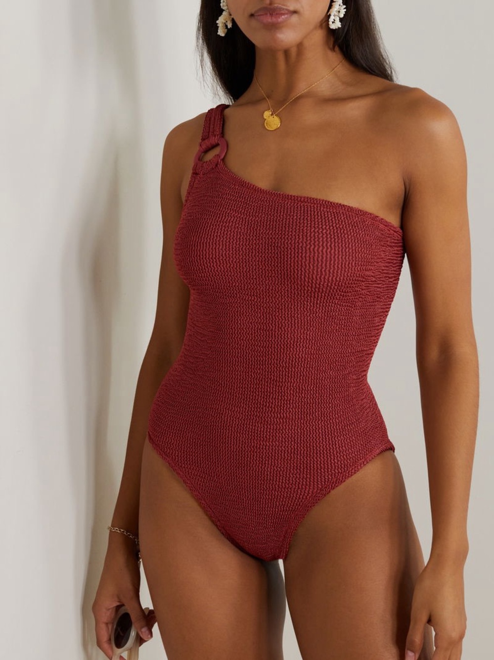 Hunza G Rose Inc Yasmeen one shoulder one piece swimsuit in metallic rosewood